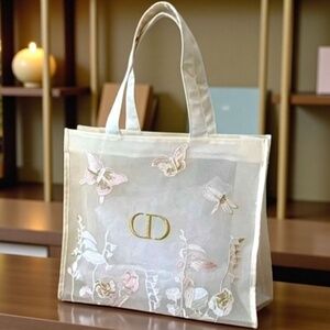 NWT Dior 🔥 MakeUp Beauty Mesh Tote Bag Embroidered Butterfly & Flower Details